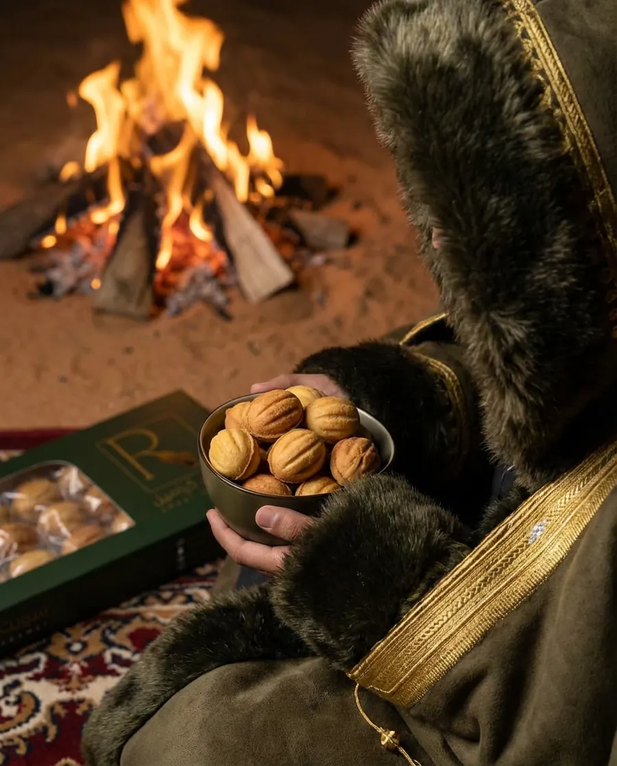 يد تمسك صحن معمول الجوز جنب نار البر، وعلبة سويت كراميل